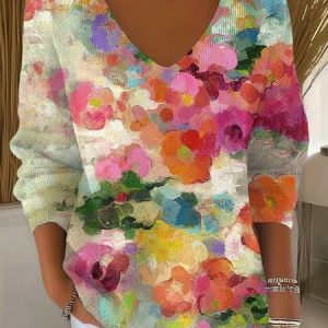 Women Cotton Floral Art Print Long Sleeve Comfy Casual Sweater, Sweaters, color:Multicolor|size:4XL, catalog Noracora shop