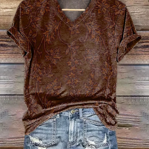 Women Floral Short Sleeve Tee T-shirt V Neck Printing Casual Summer Graphic Tee Top, JustFashionNow T-Shirts, color:Brown|size:4XL