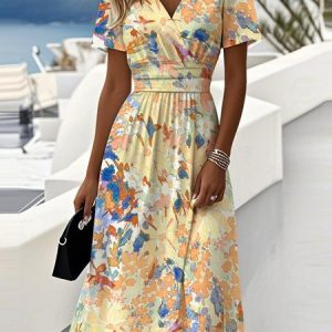 Women Floral Summer Dress V Neck Short Sleeve Beach Dress A-Line Dress, Dresses, color:Yellow|size:4XL, catalog Noracora shop