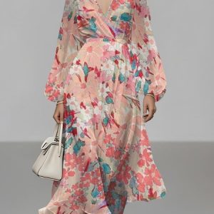 Women Floral Puff Sleeve Spring/Fall Dress V Neck Long Sleeve A-Line Dress, Dresses, color:Pink|size:4XL, catalog Noracora shop