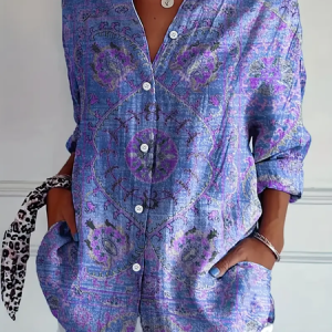 Shirt Collar Regular Sleeve Long Sleeve Floral Buckle Regular Loose Button Up Shirt Shirt For Women, Shirts, color:Blue Purple|size:XXL, catalog Noracora shop