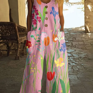 Women Floral Crew Neck Sleeveless Casual Summer Jumpsuit, JustFashionNow Jumpsuits＆Rompers, color:Pink|size:4XL,