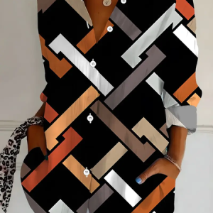 Women Abstract Long Sleeve Shirt Spring/Fall Buckle Shirt Collar Regular Sleeve Daily Casual Top, JustFashionNow Shirts, color:Black|size:XXL,