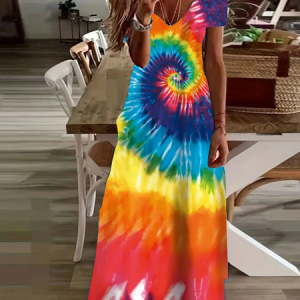Women Tie-Dye Pattern Short Sleeve Summer Printing Dress V Neck Daily Casual Maxi X-Line Dress, JustFashionNow Casual Dresses, color:As Picture|size:3XL,