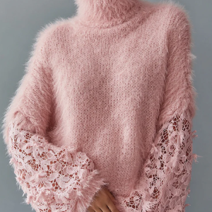 Urban Plain Buttoned Turtleneck Balloon Sleeve Sweater, Pullovers, color:Pink|size:XXL, Stylewe