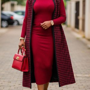 Urban Houndstooth Sleeveless Sweater Cardigan, Cardigans, color:Red|size:XXL, Stylewe