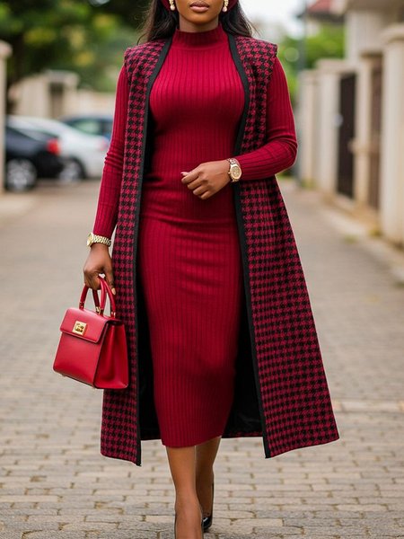 Urban Houndstooth Sleeveless Sweater Cardigan, Cardigans, color:Red|size:XXL, Stylewe