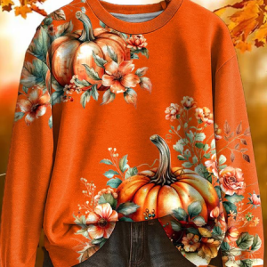 Casual Crew Neck Floral Pumpkin Printing Sweatshirt, Hoodies & Sweatshirts, color:Orange|size:XXL, catalog Noracora shop
