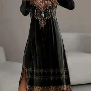 Women Ethnic Geometry Spring/Fall Dress Crew Neck Long Sleeve T-Shirt Dress H-Line Dress, Dresses, color:Black|size:XXL, catalog Noracora shop