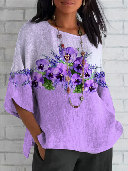 Women Floral Half Sleeve Tee T-shirt Crew Neck Casual Summer Top, JustFashionNow T-Shirts, color:Purple|size:5XL - Image 2