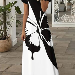 Women Butterfly Short Sleeve Summer Printing Dress V Neck Daily Casual Maxi X-Line Dress, JustFashionNow Casual Dresses, color:Black-white|size:3XL,