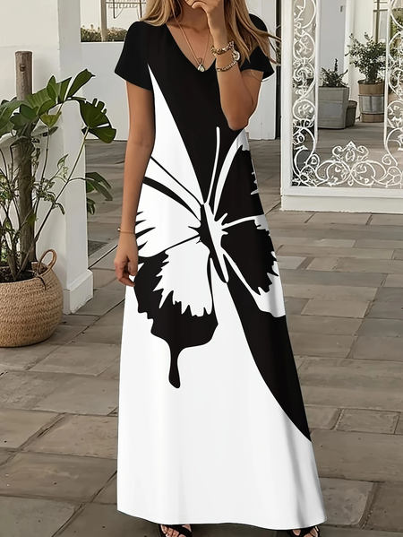 Women Butterfly Short Sleeve Summer Printing Dress V Neck Daily Casual Maxi X-Line Dress, JustFashionNow Casual Dresses, color:Black-white|size:3XL,