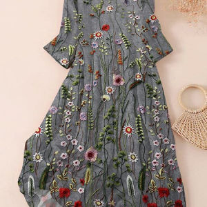 Women Floral Three Quarter Sleeve Spring/Fall Printing Dress Crew Neck Daily Casual Maxi Classic H-Line Dress, JustFashionNow Casual Dresses, color:Gray|size:5XL,