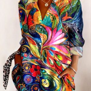 Women's Shirt Cotton Button Up Peacock Art Print Basic Blouse Casual Long Sleeve Shirt Collar Daily Top, Shirts, color:Multicolor|size:5XL, catalog Noracora shop