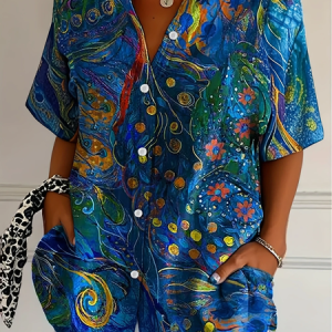 Women Floral Short Sleeve Shirt Summer Printing Shirt Collar Daily Casual Top, JustFashionNow Shirts, color:Blue|size:5XL,