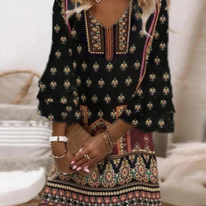 Women Ethnic Summer Dress V Neck Half Sleeve Beach Dress H-Line Dress, Dresses, color:As Picture|size:4XL, catalog Noracora shop
