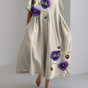 Women Floral Summer Dress Crew Neck Short Sleeve A-Line Dress, Dresses, color:Apricot|size:4XL, catalog Noracora shop