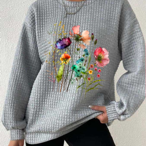 Casual Crew Neck Floral Sweatshirt, Hoodies & Sweatshirts, color:Light Gray|size:3XL, catalog Noracora shop