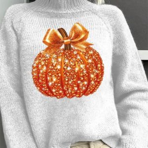 Women Halloween Pumpkin Pumpkin Sequin 3D Print Long Sleeve Comfy Casual Sweater, Sweaters, color:White|size:3XL, catalog Noracora shop