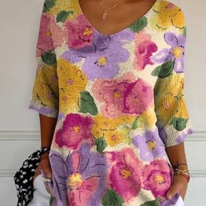 Vintage Floral Crew Neck Long Sleeve T-shirt, T-shirts, color:Off White|size:4XL, catalog Noracora shop