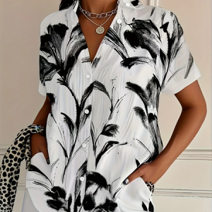 Women Floral Short Sleeve Shirt Summer Printing Shirt Collar Daily Casual Top, JustFashionNow Shirts, color:White|size:5XL,