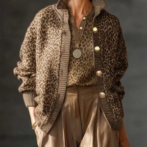 Yarn/Wool Yarn Urban Leopard Buttoned Cardigan, Cardigans, color:Brown|size:XXL, Stylewe