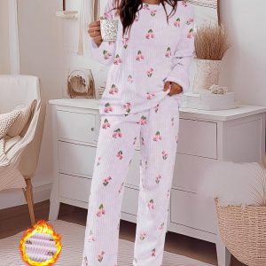 2 Pieces Outfit Floral Print Round Neck Drop Shoulder Top and Elastic Waist Pants Set Casual Ribbed Flannel Pajamas Set, women Pajamas Sets, ChicMe catalog