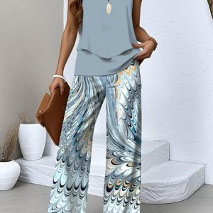 Women Geometric Two-Piece Set Daily Sleeveless Casual Summer Top With Pants Matching Set, Sets, color:Blue Purple|size:XXL, catalog Noracora shop