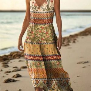Women Floral Summer Dress V Neck Sleeveless A-Line Dress, Dresses, color:Brown|size:5XL, catalog Noracora shop