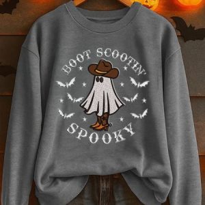 Vintage Crew Neck Halloween Cute Ghost Print Sweatshirt, Hoodies & Sweatshirts, color:Gray|size:5XL, catalog Noracora shop