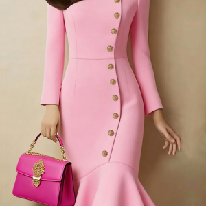 Elegant Plain Buttoned Stand Collar Midi Dress, Midi Dresses, color:Pink|size:XXL, Stylewe