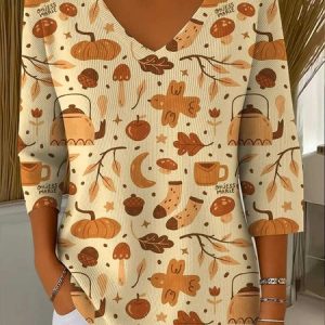 Vintage Floral V Neck Three Quarter Sleeve T-shirt, T-shirts, color:Color2|size:5XL, catalog Noracora shop