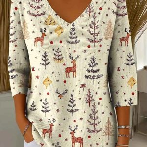 Vintage Christmas V Neck Three Quarter Sleeve T-shirt, T-shirts, color:Beige|size:5XL, catalog Noracora shop