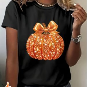Vintage Halloween Pumpkin Print Crew Neck Short Sleeve T-shirt, T-shirts, color:Black|size:5XL, catalog Noracora shop