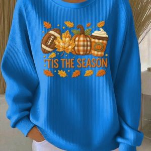 Casual Crew Neck Maple Leaf Sweatshirt, Hoodies & Sweatshirts, color:Blue|size:5XL, catalog Noracora shop