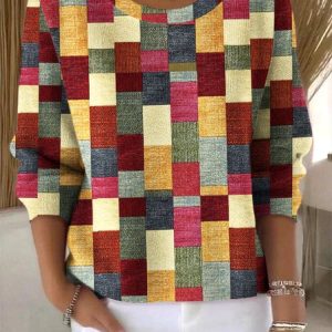 Women Cotton Geometric Long Sleeve Comfy Vintage Sweater, Sweaters, color:Multicolor|size:4XL, catalog Noracora shop