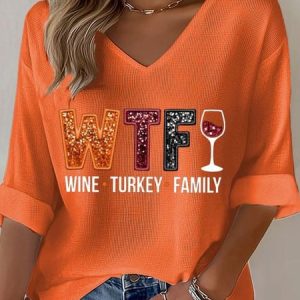 Casual Christmas Glass V Neck 3/4 Length Sleeve T-shirt, T-shirts, color:Orange|size:5XL, catalog Noracora shop