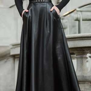 Urban Buttoned Plain Maxi Faux Leather Skirt, Skirts, color:Black|size:XXL, Stylewe