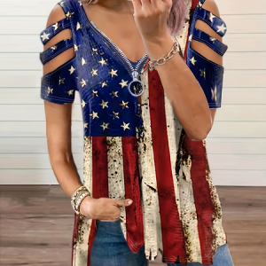 Women Independence Day (Flag) Short Sleeve Tee T-shirt V Neck Printing Vintage Summer Tunic Top, JustFashionNow T-Shirts, color:As Picture|size:4XL