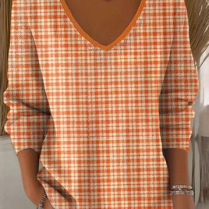 Women Cotton Plaid Long Sleeve Comfy Casual Sweater, Sweaters, color:Orange|size:4XL, catalog Noracora shop