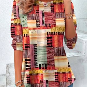 Vintage Plaid Crew Neck Long Sleeve T-shirt, T-shirts, color:Orange|size:4XL, catalog Noracora shop