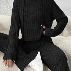 Women Plain Embossed Two-Piece Set Daily Long Sleeve Casual Spring/Fall Top With Pants Matching Set, JustFashionNow Suit Set, color:Black|size:XXL,