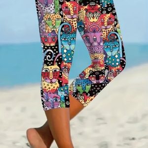 Women Cat Capris Elastic Waist Pants Casual Summer Trousers, JustFashionNow Leggings, color:As Picture|size:5XL,