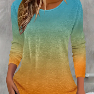 Casual Ombre Crew Neck Long Sleeve T-shirt, T-shirts, color:As Picture|size:XXL, catalog Noracora shop