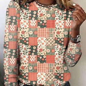 Vintage Plaid Crew Neck Long Sleeve T-shirt, T-shirts, color:Apricot|size:4XL, catalog Noracora shop