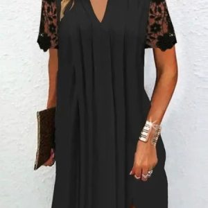 Women Plain Summer Hollow Out Dress V Neck Short Sleeve T-Shirt Dress H-Line Dress, Dresses, color:Black|size:5XL, catalog Noracora shop