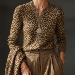 Yarn/Wool Yarn Urban Leopard Buttoned Sweater, Pullovers, color:Brown|size:XXL, Stylewe