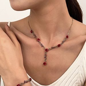 French Retro Flower Jewelry Set Romantic Rose Bracelet Niche Versatile High-end Necklace 3-piece Set, JustFashionNow Necklaces, color:Color4|size:One-size,
