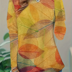 Women Leaf Long Sleeve Tee T-shirt Crew Neck Casual Spring/Fall Tunic Top, JustFashionNow T-Shirts, color:Yellow|size:XXL,