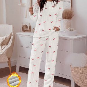 2 Pieces Outfit Cherry Print Round Neck Drop Shoulder Top and Elastic Waist Pants Set Casual Ribbed Flannel Pajamas Set, women Pajamas Sets, ChicMe catalog